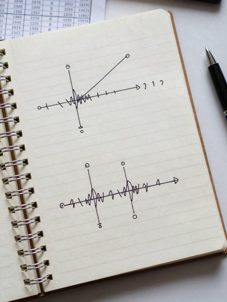 Overhead close-up of a notebook with hand-drawn signal diagrams and frequency annotations beside a printed data table, cool neutral daylight, no faces, disciplined workspace feel