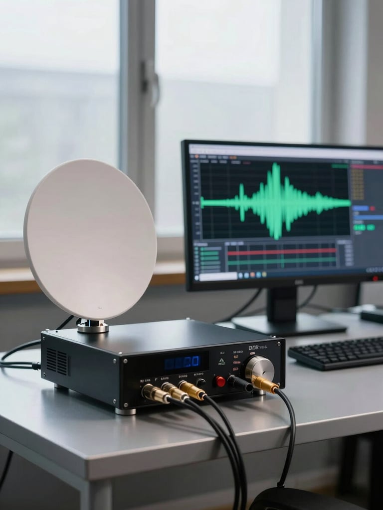 Wide workspace shot from the left, a directional antenna and SDR receiver on a metal desk, coaxial cables neatly routed, a monitor displaying a waterfall spectrum in the background, neutral daylight through frosted windows, cool studio light, no faces visible