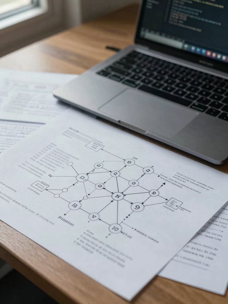 Close-up overhead view of a desk with printed network topology diagrams, a laptop displaying a terminal output, handwritten annotations in margins, cool daylight from the left, no faces