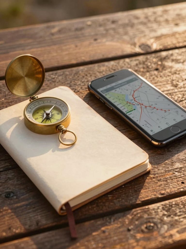 Close-up of a vintage travel journal, a brass compass, and a clean smartphone displaying flight routes on a rustic wooden table, warm golden-hour light