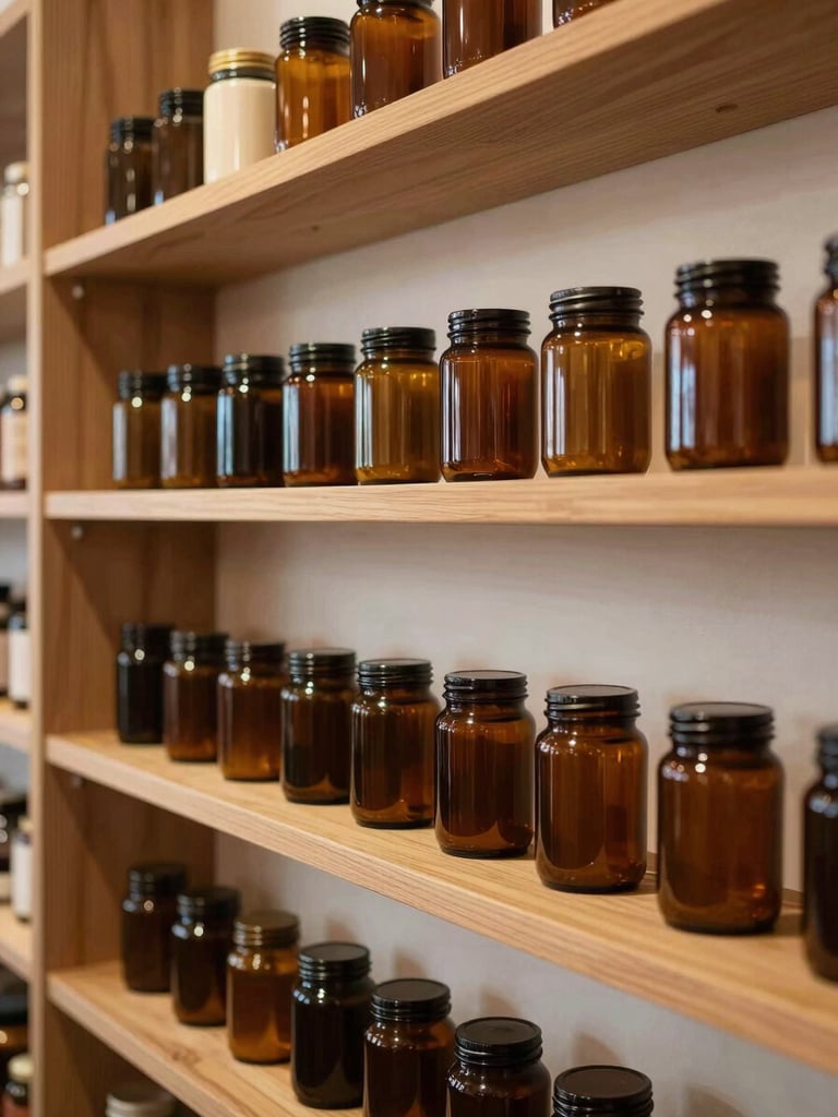 Warm interior of the Farrington Ave storefront showing natural wood shelves, soft ambient lighting, and neat amber glass jars on display.
