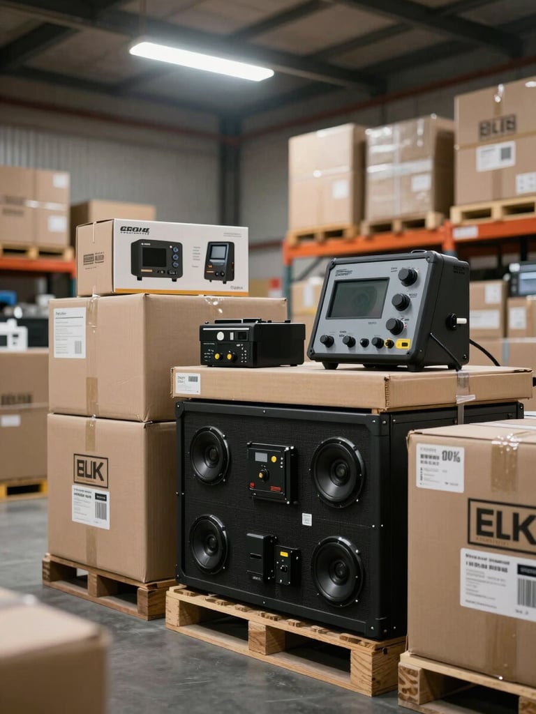 A clean, organized logistics warehouse with high-contrast overhead lighting, showing stacked promotional kits and technical equipment ready for dispatch.