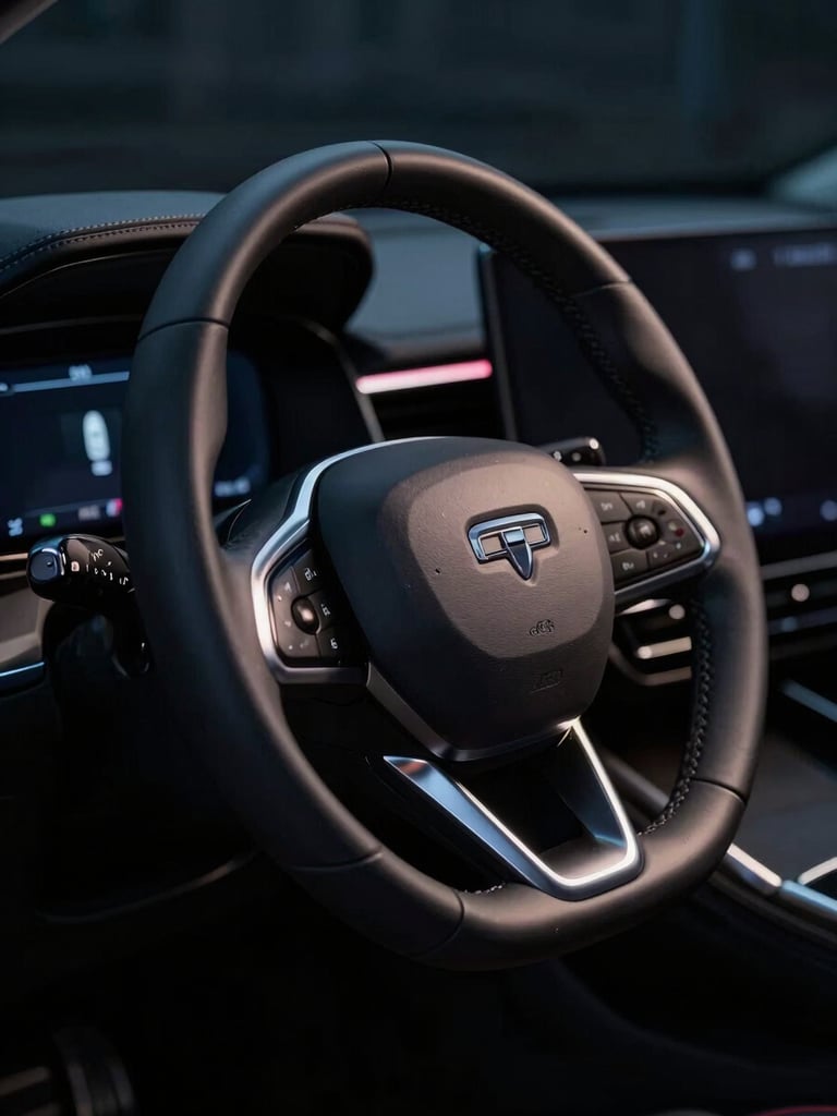 Cinematic close-up of a modern luxury car steering wheel, brushed metal and leather details, soft ambient dashboard lights, moody night lighting with silver highlights