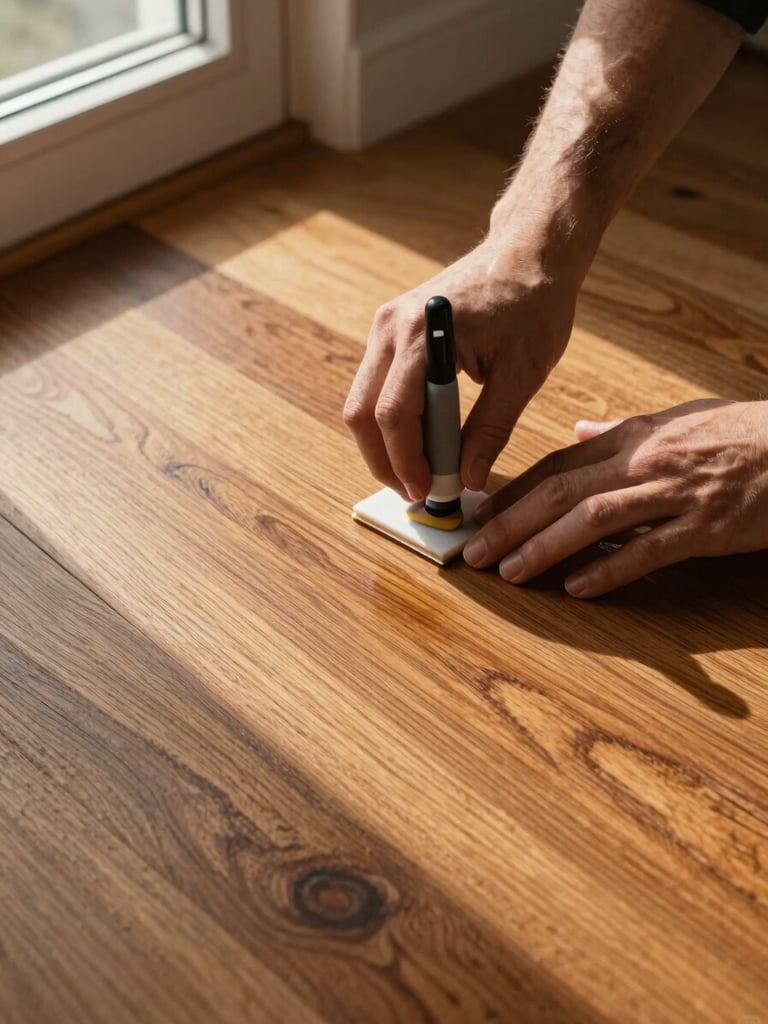 Overhead documentary shot of hands applying a specialized wood treatment product along the grain of a hardwood floor, a small applicator pad visible, available light from a window to the left casting natural shadows that reveal the wood texture, warm amber and brown tones