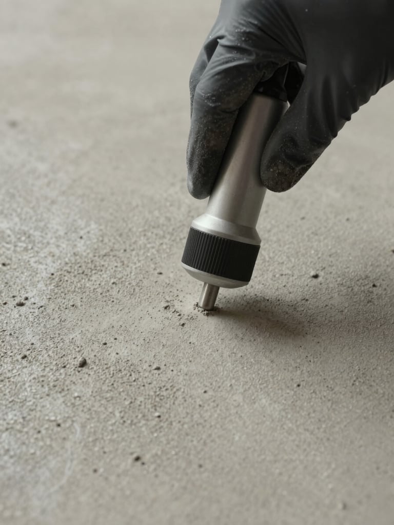 Close macro shot of a gloved hand pressing a moisture meter probe into a microcement floor surface, north-facing diffuse daylight revealing the micro-texture and fine grain of the material, tool and hand centered in frame, warm concrete gray tones
