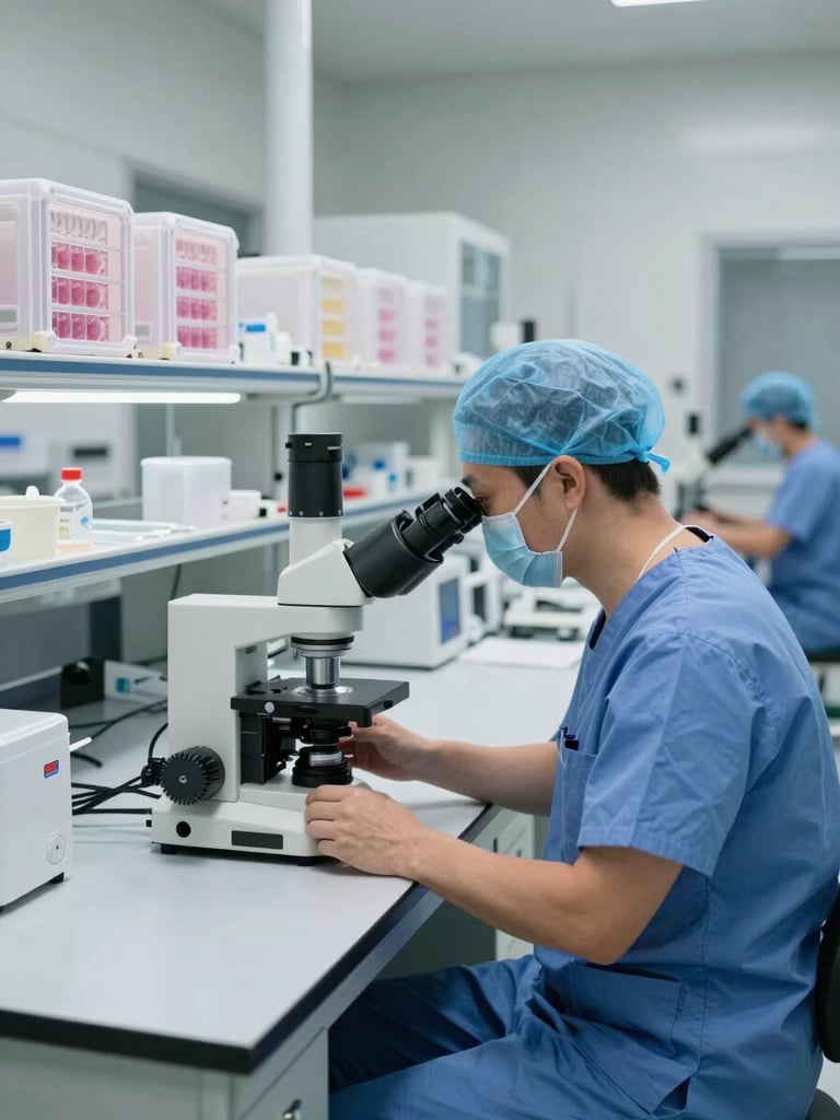 Wide shot of a fertility embryology laboratory, a specialist in scrubs at a microscope workstation under flat even daylight, rows of incubator units visible in the background, sterile white surfaces and clinical blue equipment lighting