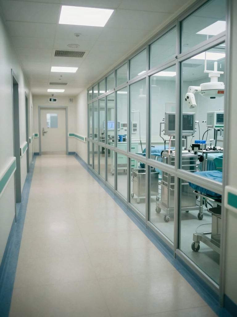 Wide shot of a modern hospital operating theatre corridor, clinical overhead lighting, stainless steel equipment visible through glass panels to the right, empty hallway receding into depth, flat daylight color temperature