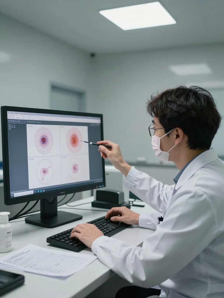 Medium shot of a fertility specialist reviewing embryo culture results on a monitor in a clinical consultation room, lit with flat overhead daylight, white coat, charts visible on desk surface, cool gray walls