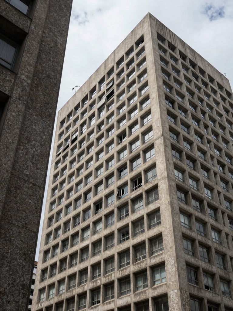 Wide environmental shot looking upward along the facade of a reinforced-concrete office building in São Paulo, geometric grid of windows receding toward overcast sky, no people, cool natural daylight, left-edge composition with deep grey stone columns in foreground