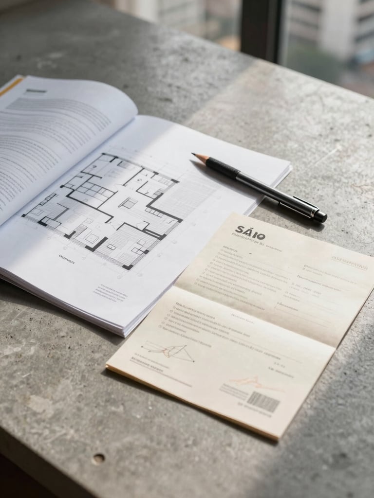 Overhead flat-lay on a matte concrete desk surface showing an open site plan document, a mechanical pencil, and a folded property deed, natural indirect window light casting soft shadows, no people, São Paulo urban context visible through blurred background