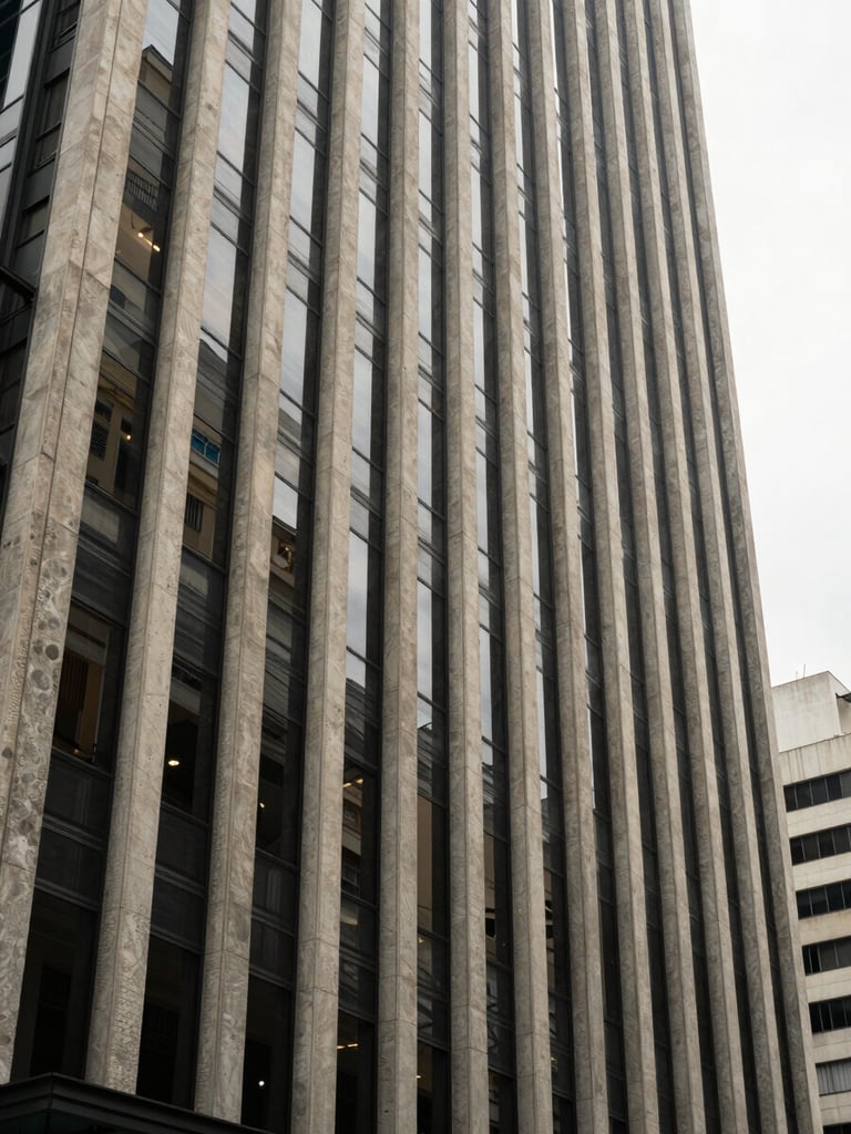 Wide environmental view of an investment-grade commercial building facade in São Paulo, shot from street level — structural concrete and glass textures filling the frame, natural overcast daylight, no people, no signage, austere geometric composition with strong vertical lines
