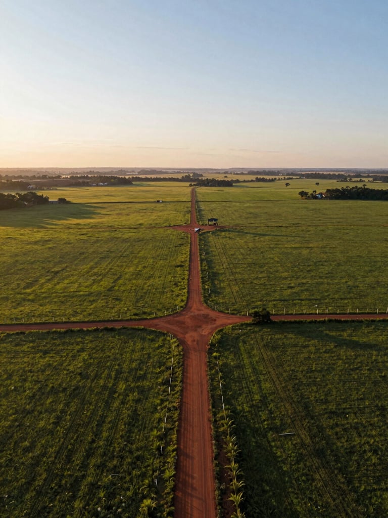 Wide aerial drone view over a large rural property boundary in central Brazil, red-clay farm roads cutting through green pasture and cropland at golden morning light, fence lines and land markers visible from above, horizon low, expansive sky to the upper third