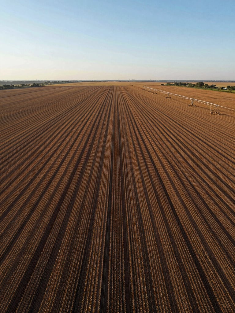 Wide aerial drone view of a large Brazilian Cerrado farm at clear morning light — rows of irrigated soy stretching to the horizon, pivot irrigation visible in the far right third, expansive sky above, no people