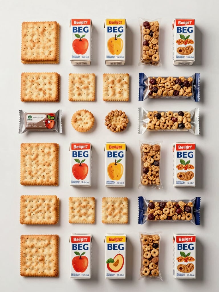 Straight-on overhead shot of an organized snack kit flat-lay on a clean white surface — individually portioned crackers, juice boxes, and wrapped cereal bars arranged in neat rows under bright neutral studio light, no shadows, product labels clearly legible