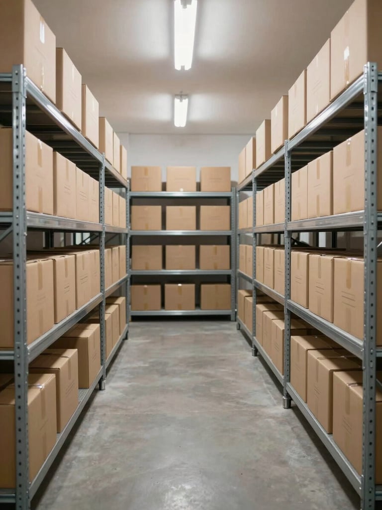 Straight-on view of an organized stockroom interior with labeled cardboard boxes stacked on metal shelving units, bright overhead fluorescent lighting, clean concrete floor, no people