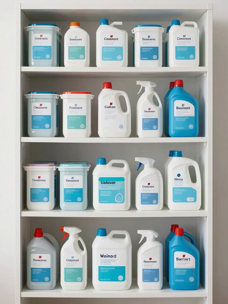 Straight-on shot of a neatly organized storage shelf with clearly labeled cleaning supply containers and hygiene product boxes stacked in rows, bright neutral studio lighting, crisp white background, no shadows