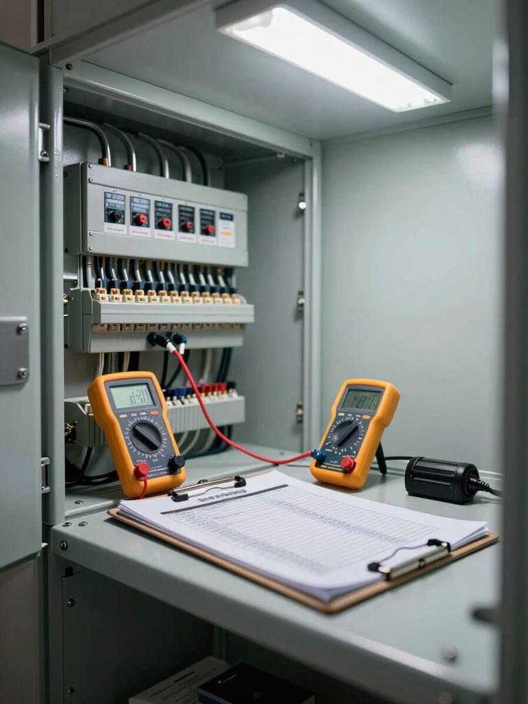 Wide environmental shot of a utility room interior during a scheduled maintenance audit — open electrical panel on the left wall, clipboard with a printed checklist resting on a metal shelf, diagnostic multimeter connected to terminals, cool overhead fluorescent light, no person visible, focus on the instruments and documentation
