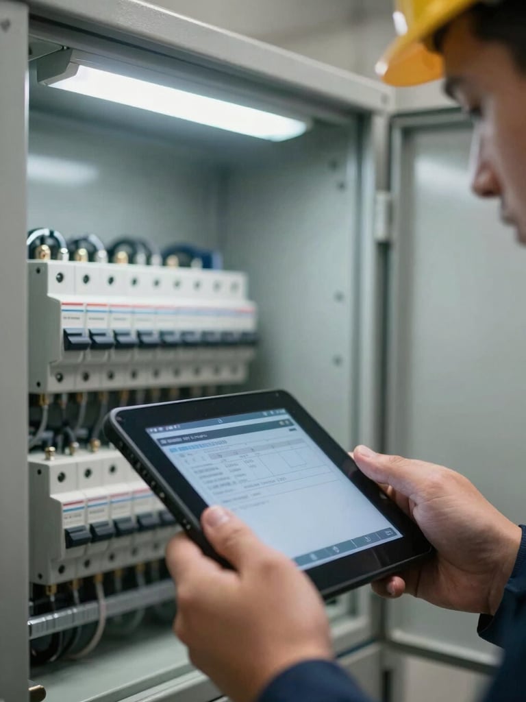 Extreme close-up of a technician's hands holding a digital inspection tablet next to an open electrical panel, circuit breakers clearly visible, harsh fluorescent work-site light, concrete wall background, no face shown