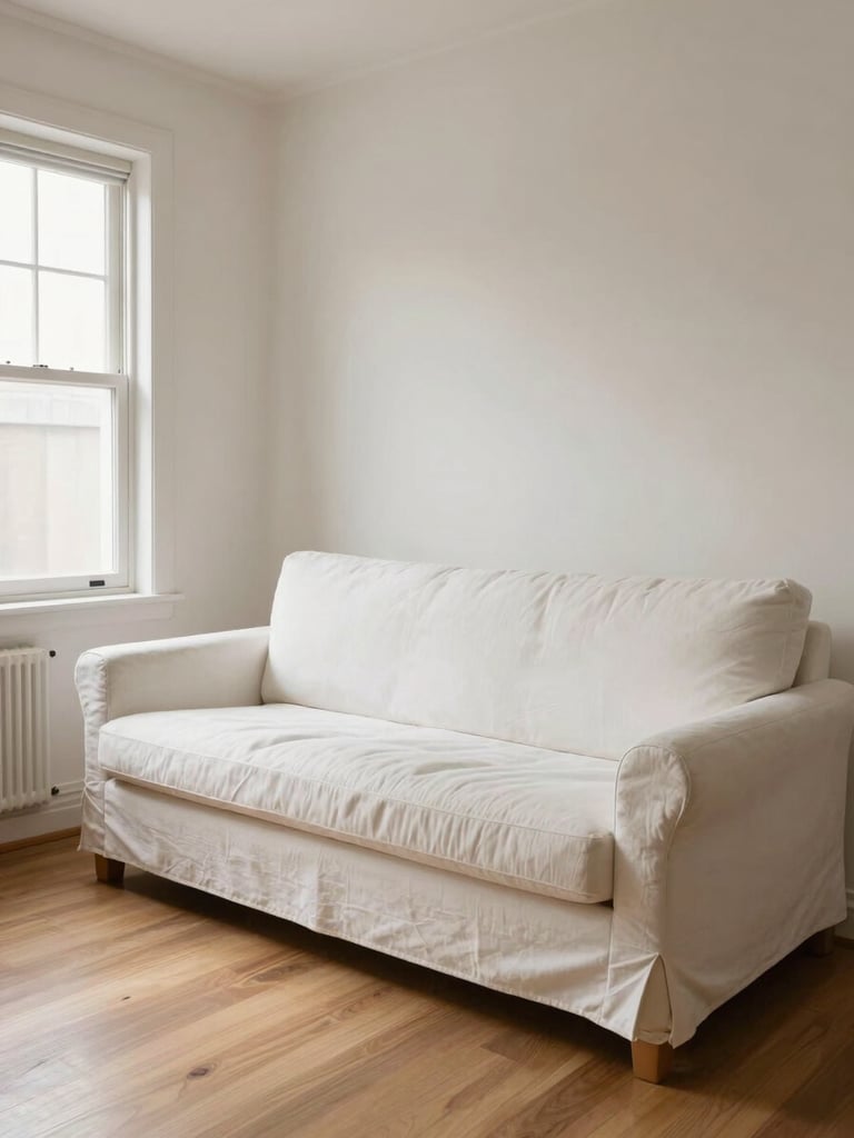 Wide interior shot of a clean, minimal short-term rental living room, natural window light from the left, white linen sofa and warm wood tones, well-composed and still, no people, framed from chest height
