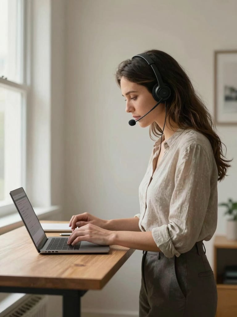 Medium shot from the side of a woman at a standing desk in a bright home office, headset on, one hand scrolling through a messaging platform on a laptop, natural window light from the left, neutral linen wall behind her