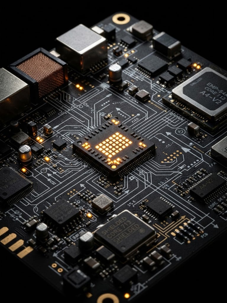 Macro close-up of high-precision EMP-shielded circuitry with technical amber indicators, stark white blueprint lines overlaid, dramatic key lighting, deep black background