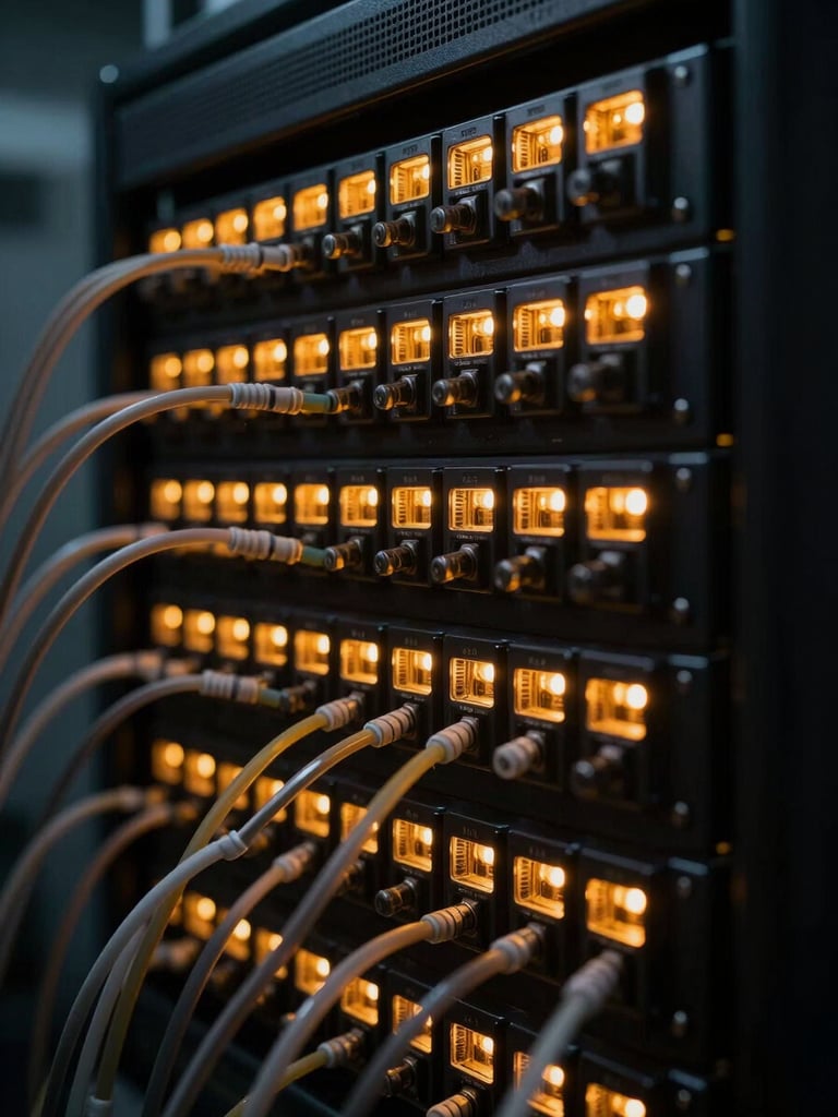 Stark macro photograph of an illuminated high-density fiber optic patch panel inside a dark, cleanroom environment, glowing amber indicator lights, technical precision, dramatic key lighting