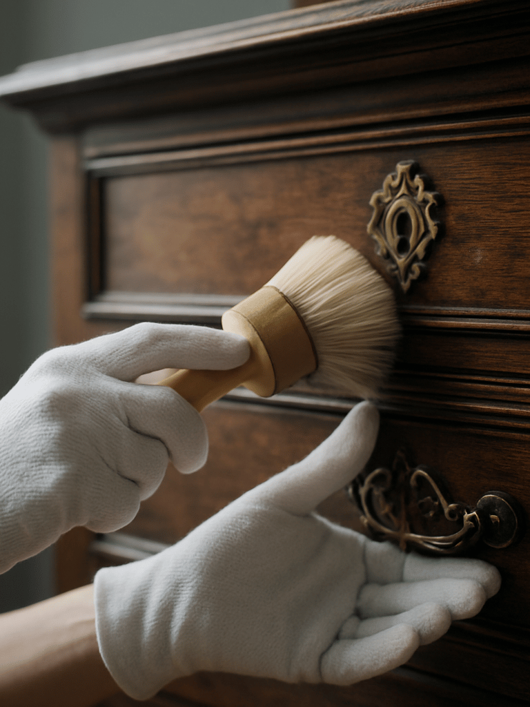 Discreet hands in white cotton gloves gently dusting a vintage wooden cabinet, soft natural Swiss daylight, elegant editorial macro shot.