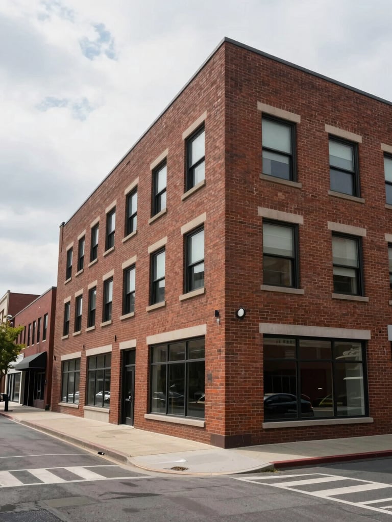 Wide environmental shot from street level, a four-storey mixed-use brick commercial building occupying the right two-thirds of frame, flat overcast daylight, clean facade lines, empty sidewalk in foreground, urban corridor context visible left