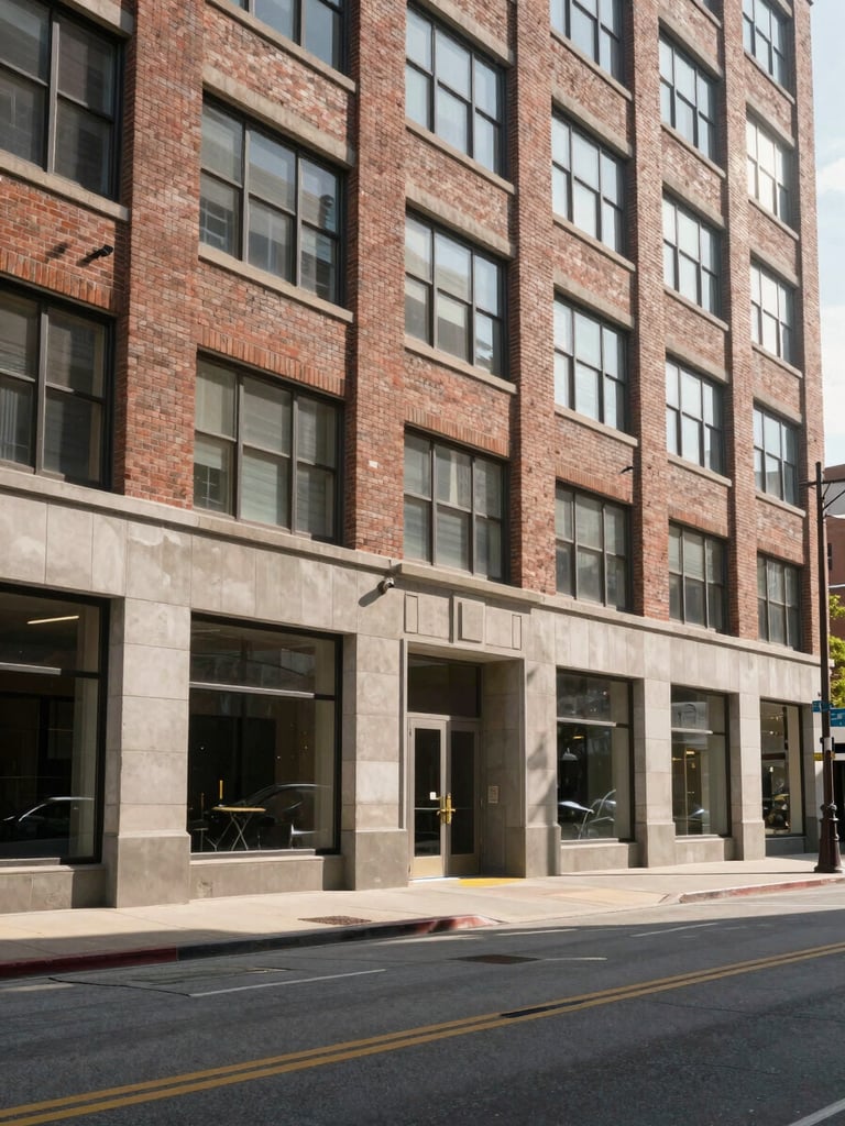 Wide environmental shot of a mid-rise commercial building exterior from street level, flat clean daylight, no people, brick and concrete facade detail visible, urban corridor context, framed from left sidewalk looking across the full building face