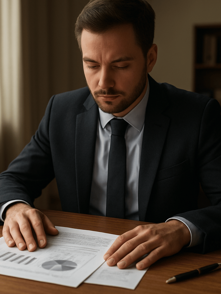 Medium shot from slightly above, advisor seated at a wooden desk reviewing printed financial documents under soft natural window light, one hand resting on the page, a pen beside the papers, quiet office environment visible in the background