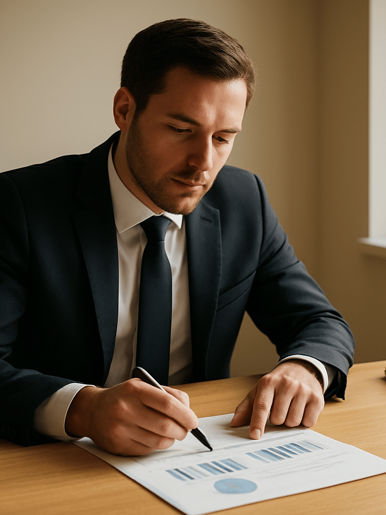 Medium shot from slightly left of center — financial advisor seated at a clean wooden desk, leaning forward to review a printed planning document, natural window light falling from the right, warm off-white walls, a few stacked folders visible at desk edge, calm focused expression, no eye contact with camera