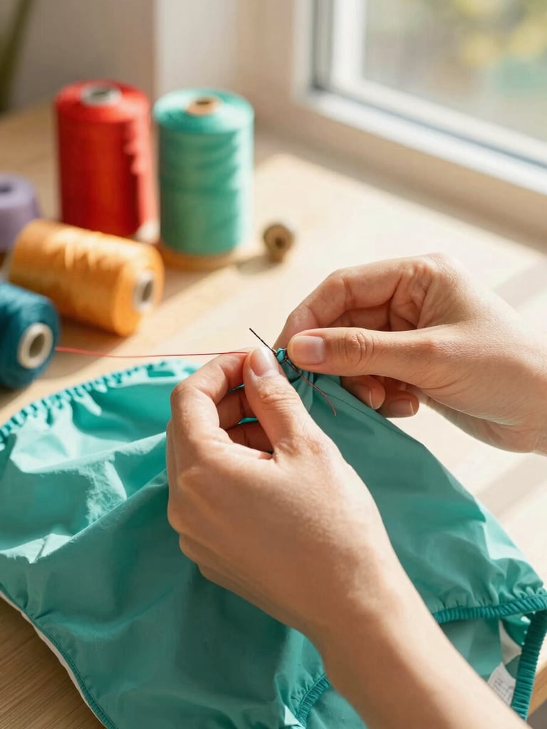 Close-up editorial shot of artisan hands carefully sewing a vibrant teal pet garment, colorful threads and fabrics in the background, warm golden hour light through a window