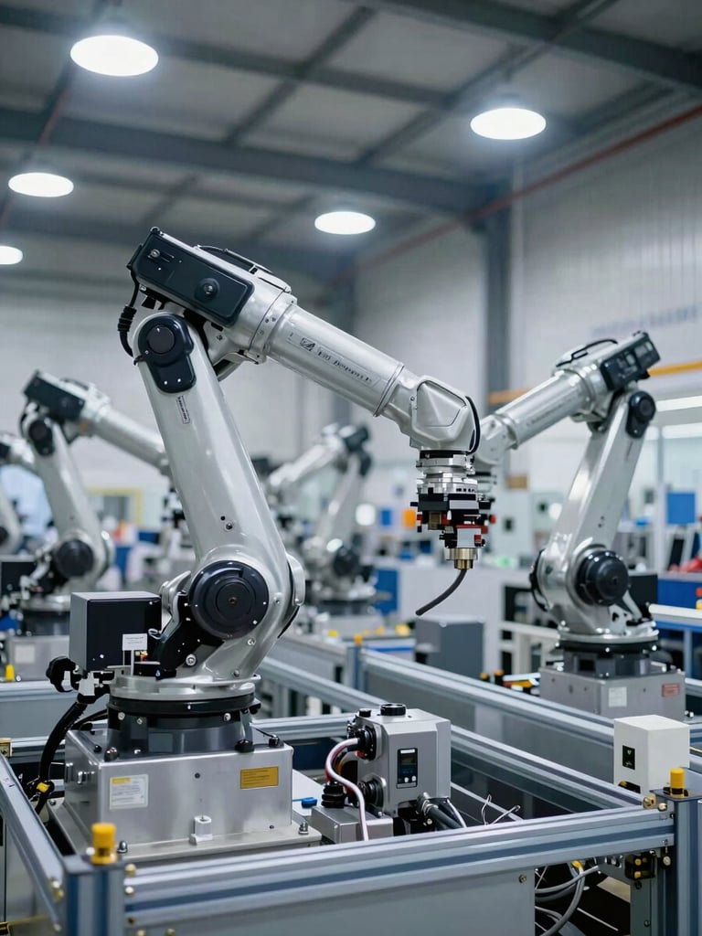 Panoramic shot inside the Sunshine Coast manufacturing facility, showing multiple high-speed robotic arms on production lines, gleaming stainless steel, cool bright industrial lighting, sharp focus, 35mm, industrial photography