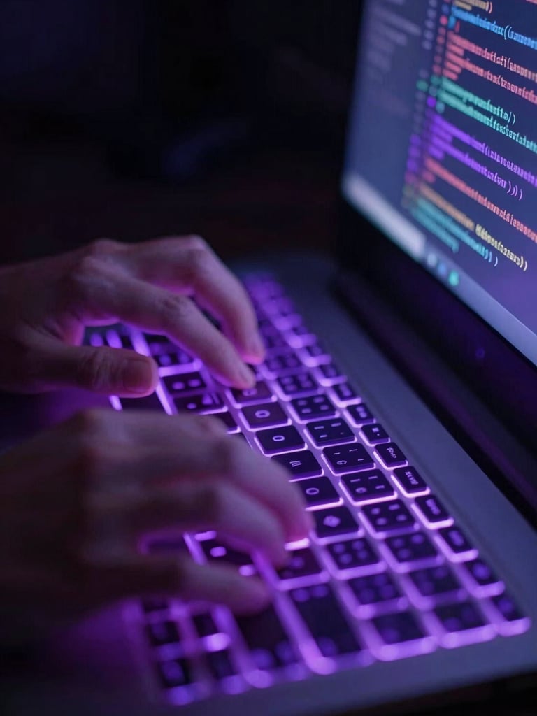 Close-up of hands typing on a glowing keyboard with purple light, abstract code on screen, moody workspace, shallow depth of field.