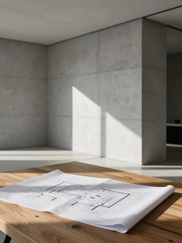 Wide architectural shot of a modern minimalist room, clean concrete walls, sharp natural light casting linear shadows, blueprints resting on a wooden table in the foreground.