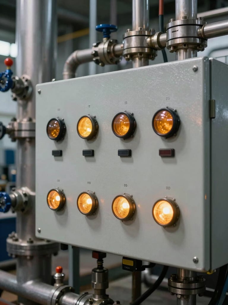 Close-up of a modular process control panel inside an extraction plant, amber indicator lights reflecting off brushed steel surfaces, pipes and valve assemblies in the background, tight industrial framing with no people present