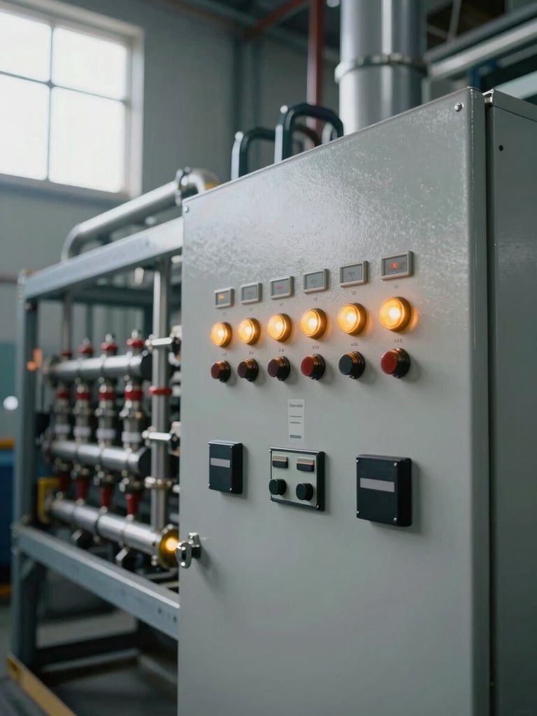 Close-up overhead view of a modular process control panel inside an extraction plant, amber indicator lights active on the interface, steel housing, wiring conduits running left to right, industrial daylight from a high window illuminating the panel surface