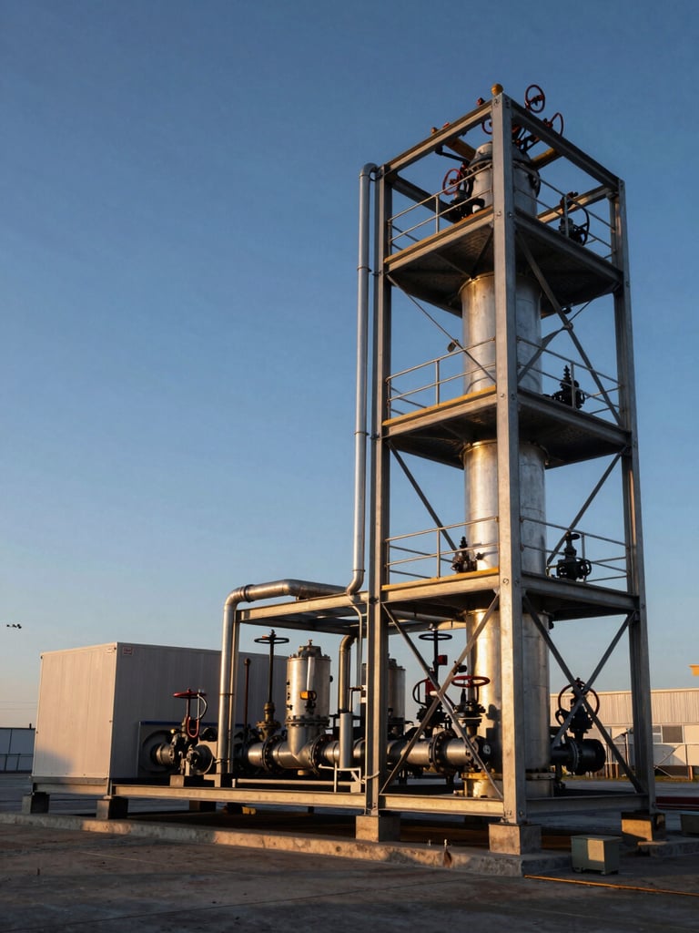 Wide shot from the right side of a modular skid-mounted extraction unit outdoors at an industrial site, steel framework and piping visible in sharp detail, amber late-afternoon light raking across the equipment surfaces, deep blue sky, negative space to the left