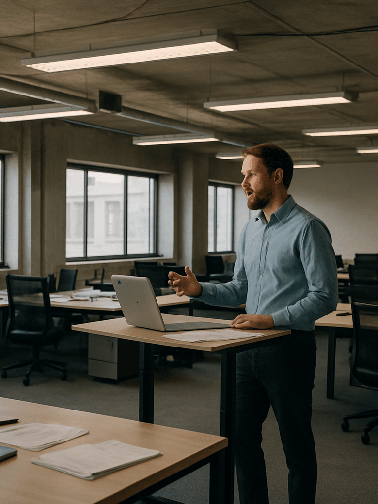 Wide environmental shot of an open office workspace, overhead fluorescent and natural window light, desks with documents and laptops in use, no people posing — a worker in mid-conversation at a standing desk, neutral steel and concrete tones