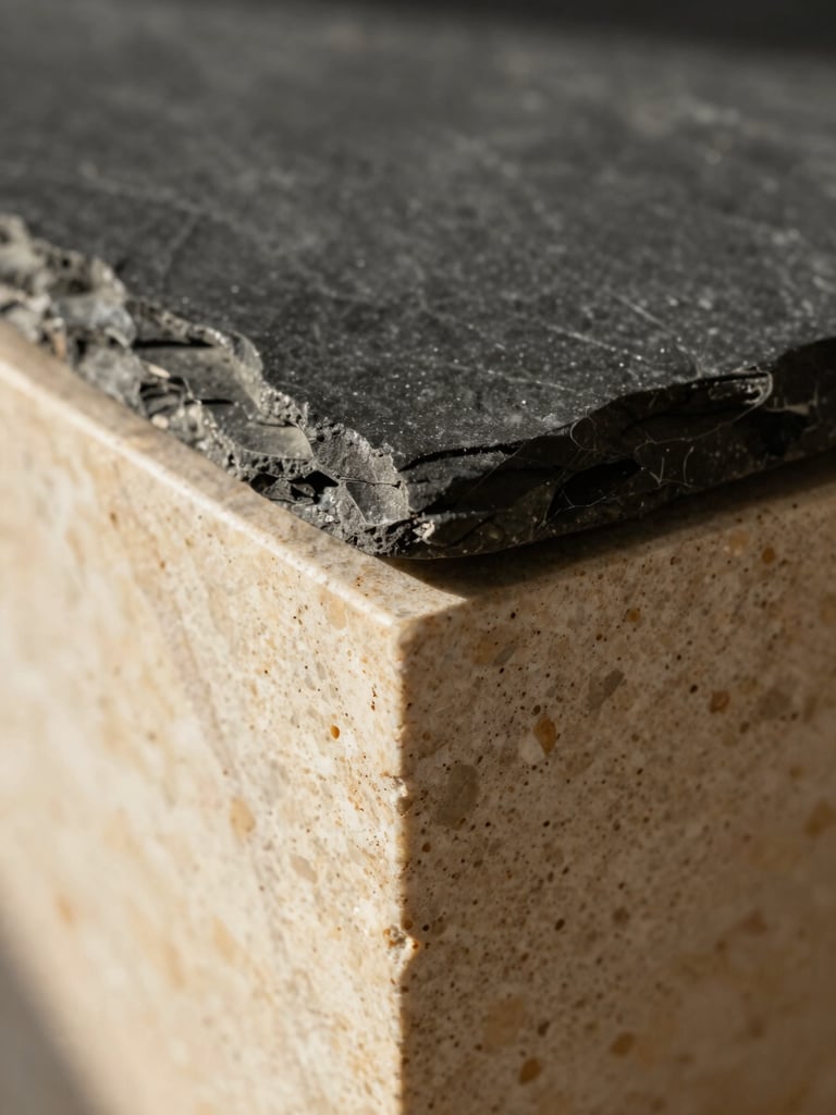 Extreme close-up of a flawless material junction where dark slate meets warm travertine stone, soft natural Mediterranean sunlight casting clean shadows.