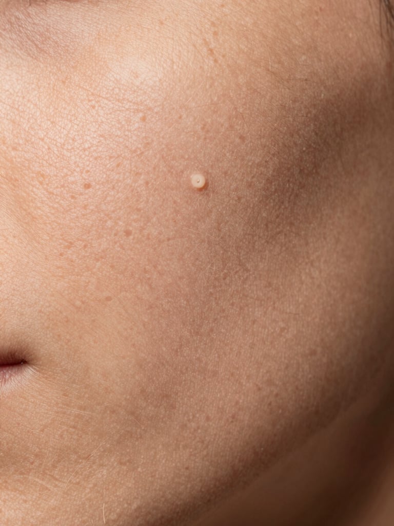 Extreme macro close-up of human skin surface under controlled studio strobe lighting, pores and texture rendered in sharp clinical detail, warm neutral tones, no face visible, framed tight with shallow depth of field