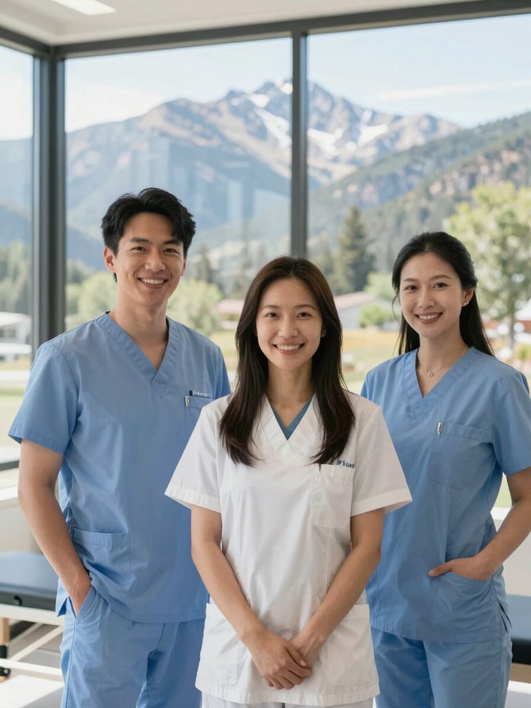 Bright environmental portrait of professional nutrition specialists standing in a modern, sunlit Park City wellness clinic, smiling, crisp mountain daylight, 35mm