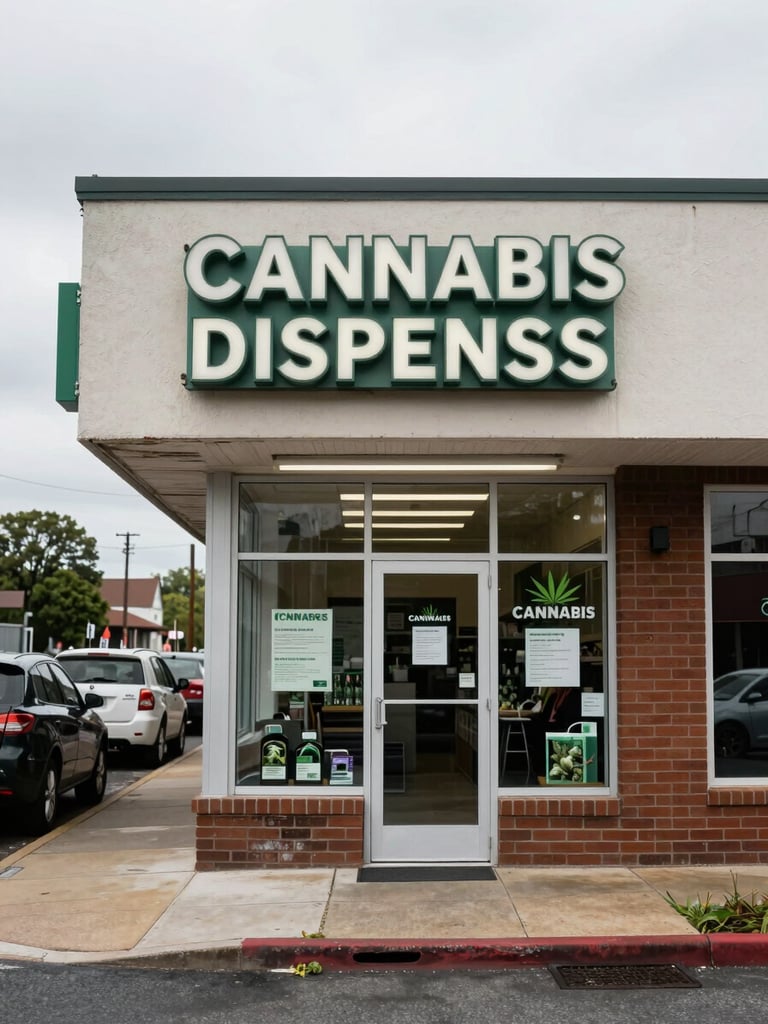 Wide daylight exterior shot of a retail cannabis dispensary storefront on a quiet Springfield Virginia commercial street, storefront signage clearly visible, entry door centered, neutral overcast sky above, parked cars along the curb to the left, documentary framing with no mood styling
