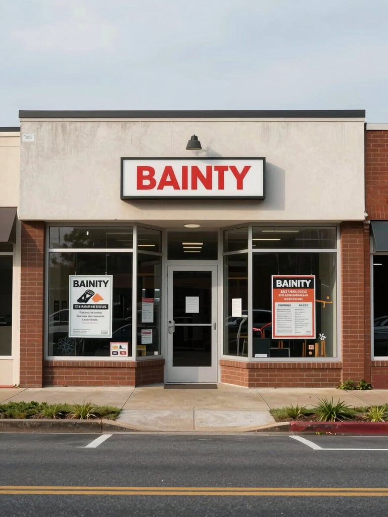 Wide exterior view of a retail storefront on a suburban Virginia street, photographed in flat daylight from across the sidewalk, showing the full building face, entrance door, and posted signage — documentary framing, no styling, neutral overcast light, street context visible at the edges