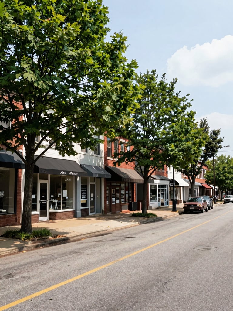 Panoramic street-level view of a Springfield Virginia neighborhood block, retail storefronts visible along Amherst Avenue, mature street trees lining the sidewalk, midday daylight, wide establishing shot showing the commercial district context with no pedestrians