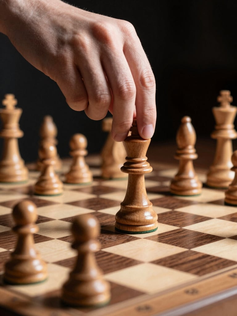 A close-up of a student's hand hovering over a polished wooden chess piece, dramatic directional spotlighting casting sharp shadows on the board, intense focus.