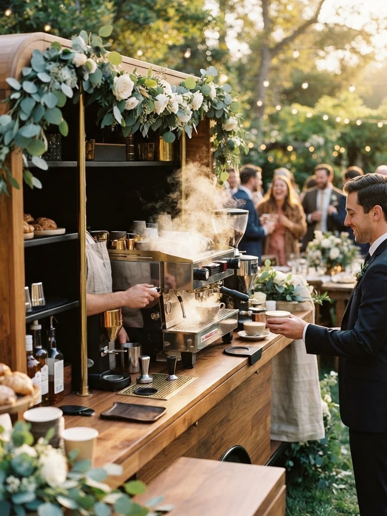 Sleek wooden mobile coffee stand setup at an elegant wedding, professional espresso machine with steam, warm golden hour natural light, shallow depth of field