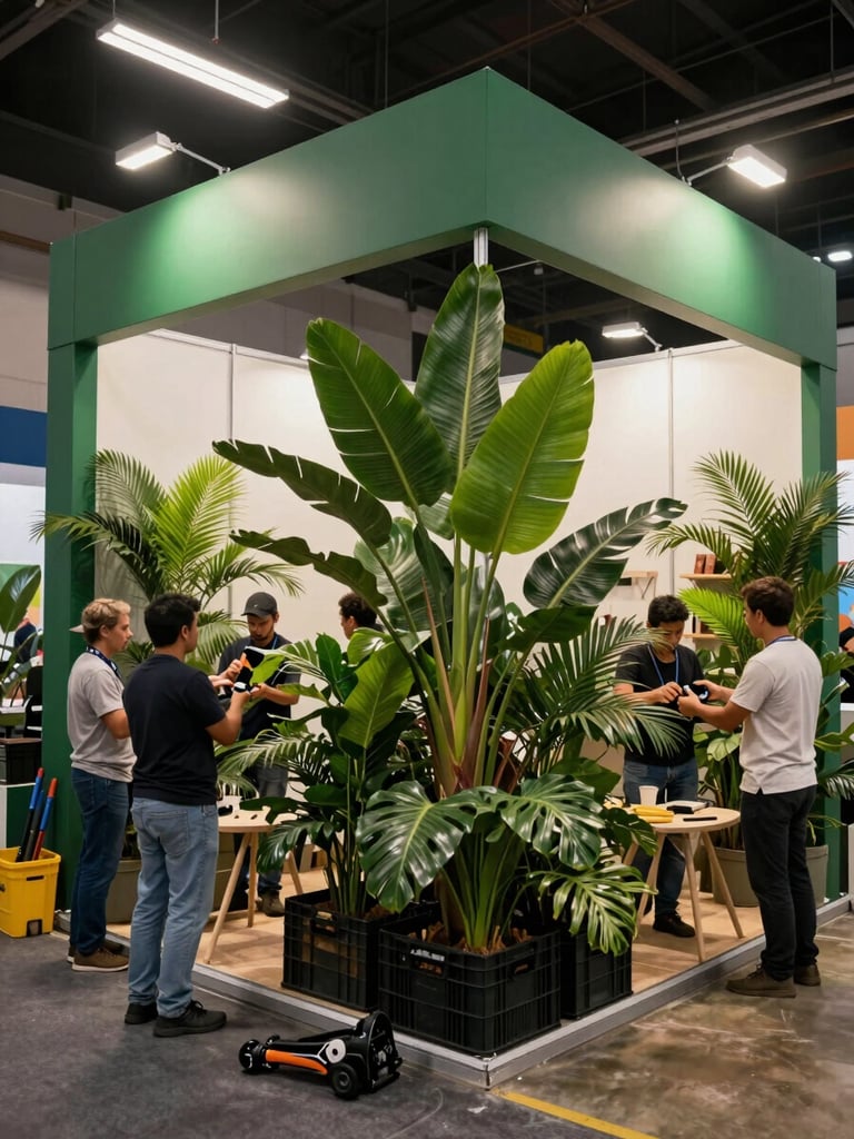 Wide environmental shot of a commercial event stand being assembled in a São Paulo convention hall — workers placing large-leaf tropical plants into an architectural frame, overhead fluorescent event lighting, green integrated with white modular panels, tools and plant crates visible in foreground