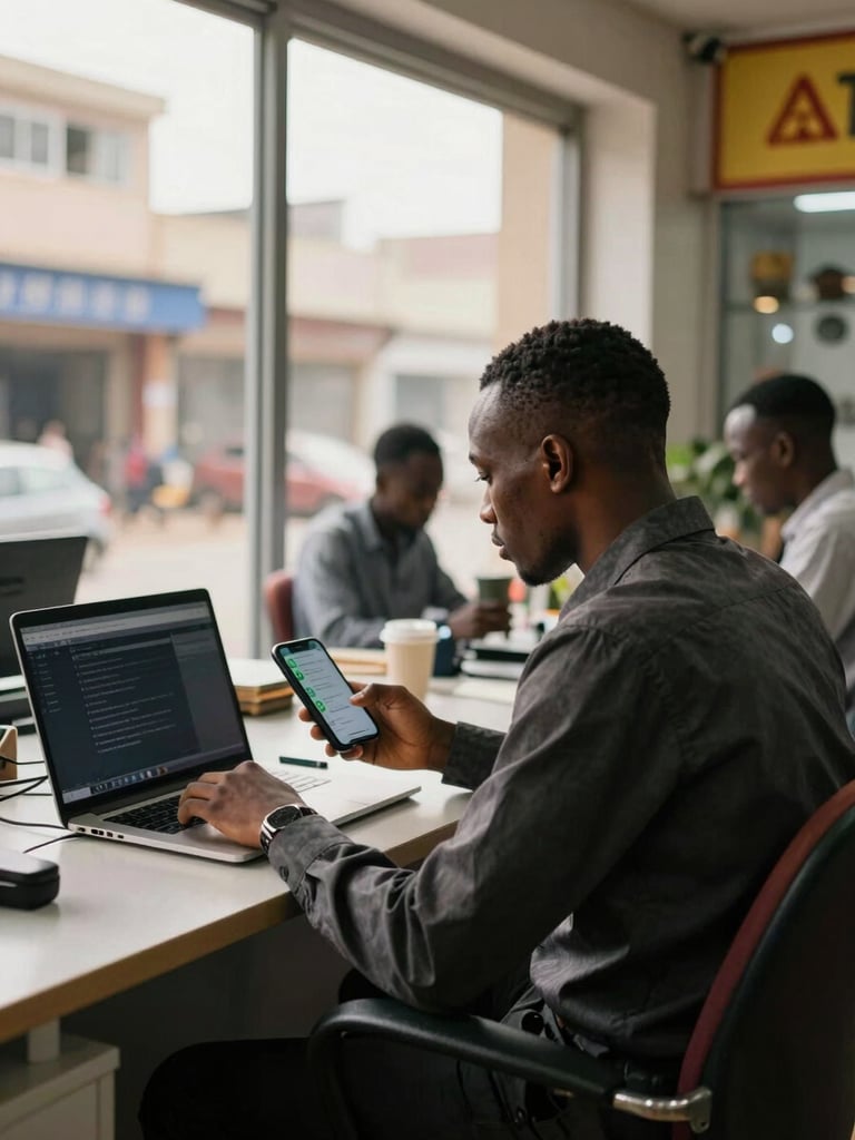 Medium shot of a business operator seated at a desk in a busy African storefront office — laptop open showing a dark dashboard, phone in hand with WhatsApp conversation visible on screen, daylight through window, working posture mid-task, not looking at camera, natural high-contrast lighting