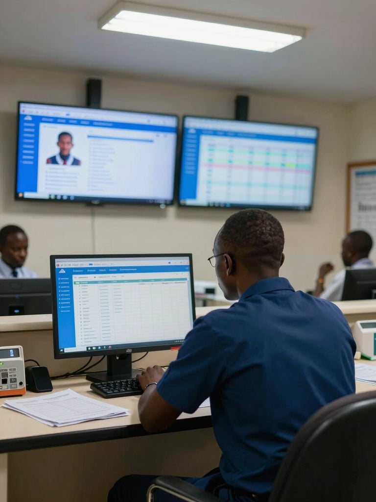 Medium shot from behind an operator sitting at a desk in a busy African clinic reception, two screens showing a patient CRM and appointment pipeline in electric blue and white, fluorescent overhead lighting, papers and a phone visible on the desk